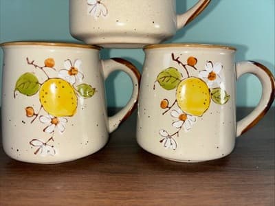 Vintage Hand-Painted Mug Lemon Tree Blooms Speckled Pottery Norleans (Korea) Set - Thumbnail 3