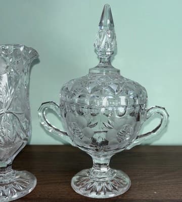 Vintage Etched Cut Glass Crystal Footed Creamer & Steeple Lidded Sugar Bowl Rose - Thumbnail 2
