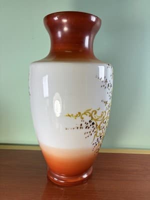 Antique Large White Orange Glass Vase Gold Embossed Hand Painted Paisley - Thumbnail 5