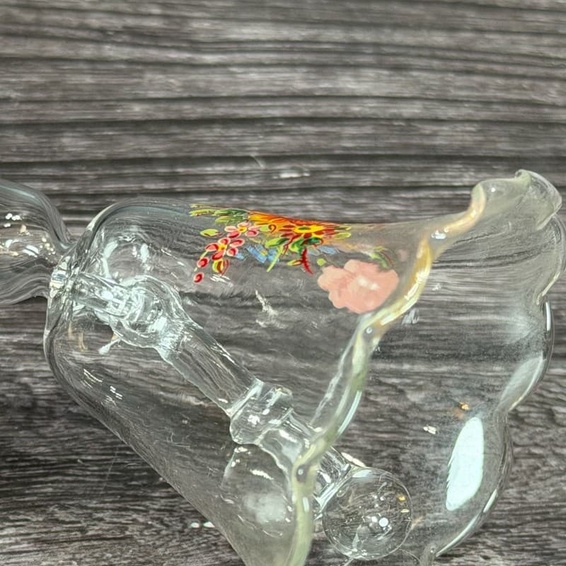 VTG Hand Blown Clear Glass Bell w Long Handle & Painted Floral Design - Thumbnail 9