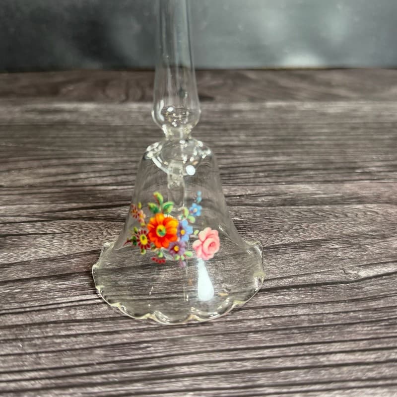 VTG Hand Blown Clear Glass Bell w Long Handle & Painted Floral Design - Thumbnail 2