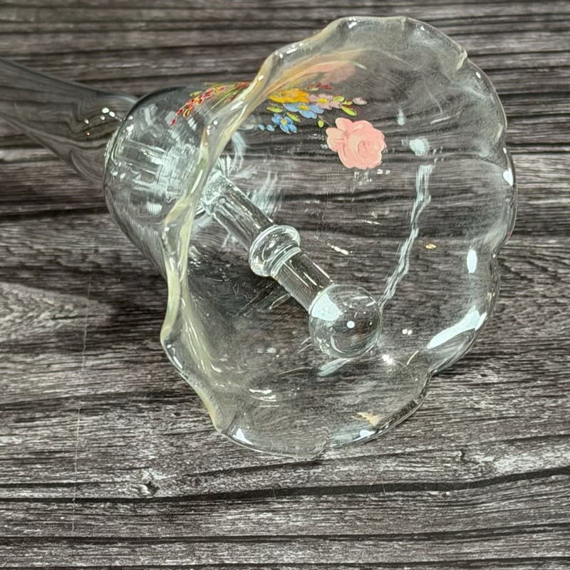 VTG Hand Blown Clear Glass Bell w Long Handle & Painted Floral Design - Thumbnail 7