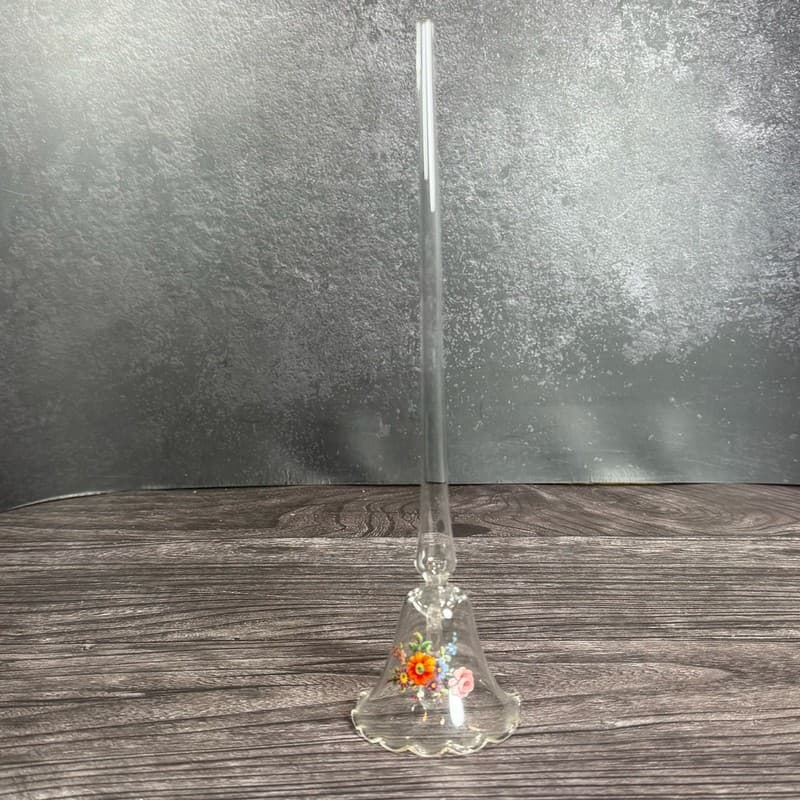 VTG Hand Blown Clear Glass Bell w Long Handle & Painted Floral Design