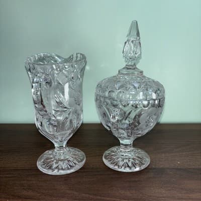Vintage Etched Cut Glass Crystal Footed Creamer & Steeple Lidded Sugar Bowl Rose - Thumbnail 8