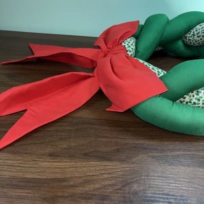 Vintage Braided Cloth Holiday Wreath 12” Green & White Holly Printed Fabric Re - Thumbnail 7