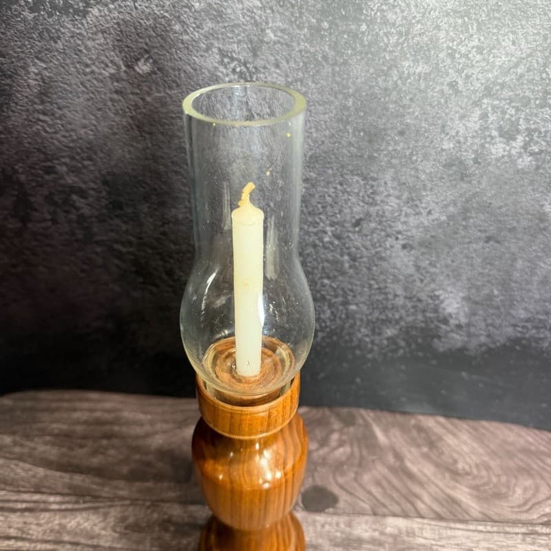 Vintage Mid-Century Modern Turned Wood Hurricane Candle Holder with Glass Chimne - Thumbnail 2