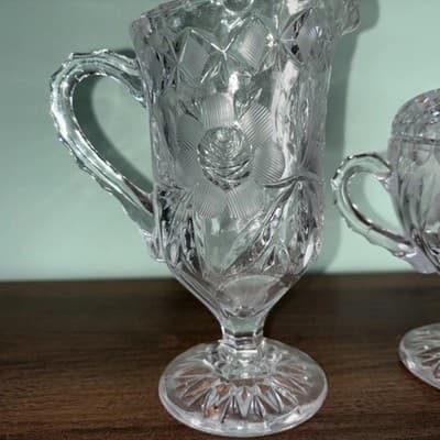 Vintage Etched Cut Glass Crystal Footed Creamer & Steeple Lidded Sugar Bowl Rose - Thumbnail 5