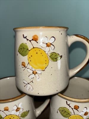 Vintage Hand-Painted Mug Lemon Tree Blooms Speckled Pottery Norleans (Korea) Set - Thumbnail 2