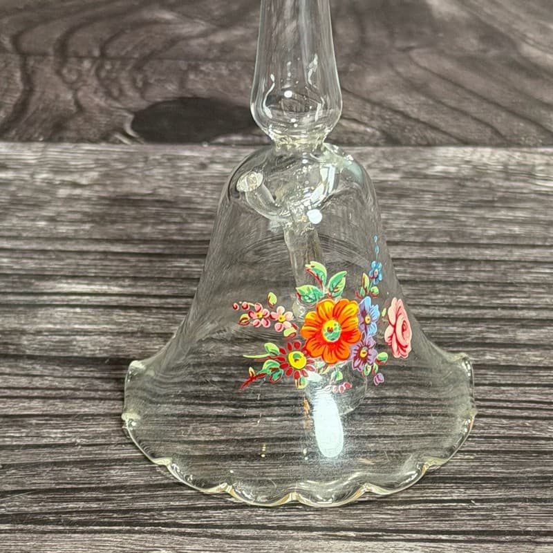 VTG Hand Blown Clear Glass Bell w Long Handle & Painted Floral Design - Thumbnail 5