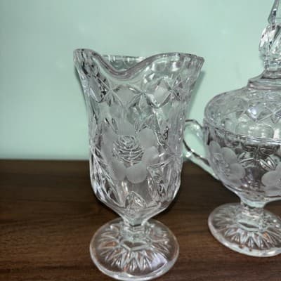 Vintage Etched Cut Glass Crystal Footed Creamer & Steeple Lidded Sugar Bowl Rose - Thumbnail 12
