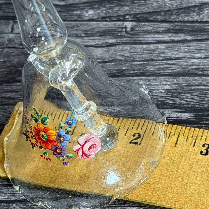 VTG Hand Blown Clear Glass Bell w Long Handle & Painted Floral Design - Thumbnail 10