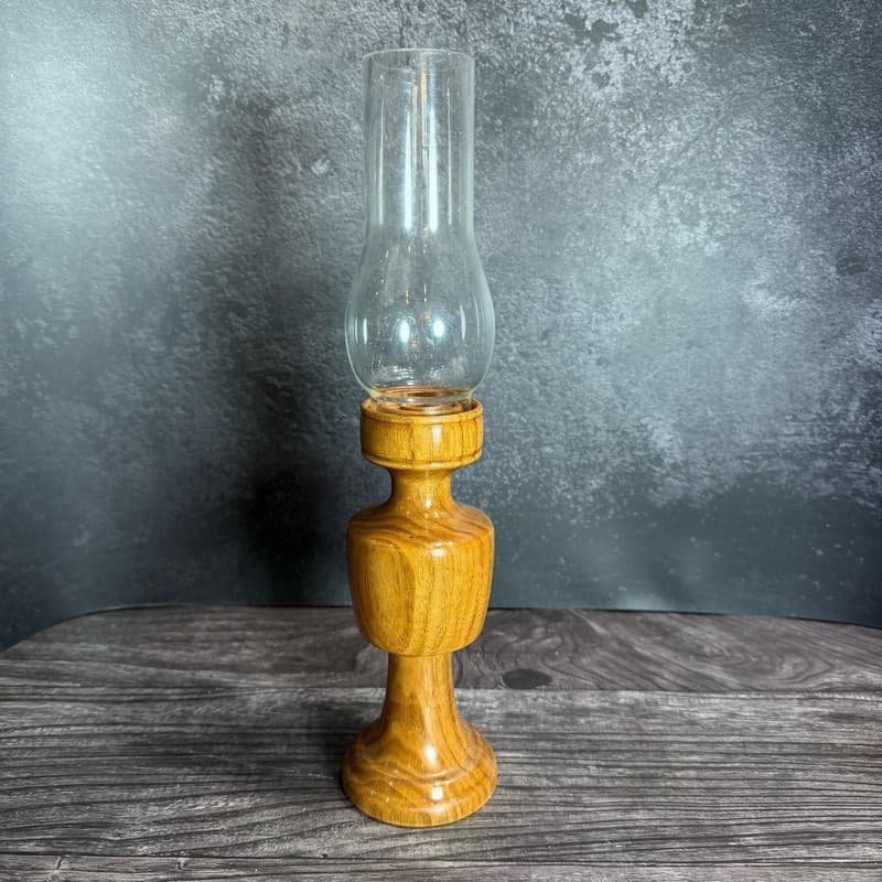 Vintage Mid-Century Modern Turned Wood Hurricane Candle Holder with Glass Chimne - Thumbnail 12