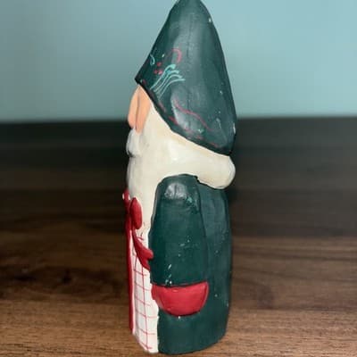 Eddie Walker Carved Wood Rustic Green Santa Claus Holding Present Folk Art 4.5�� - Thumbnail 4