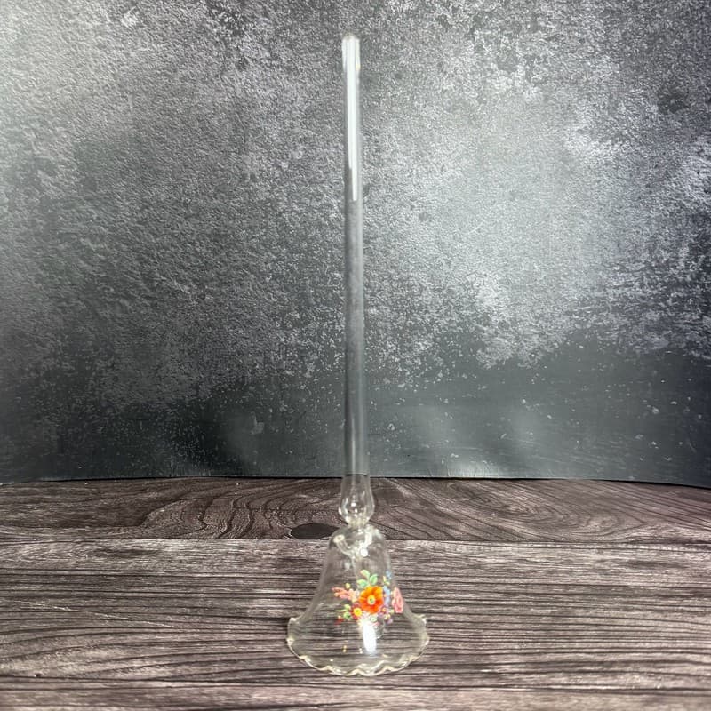 VTG Hand Blown Clear Glass Bell w Long Handle & Painted Floral Design - Thumbnail 4