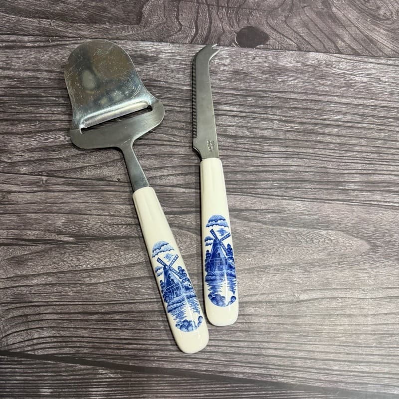 Vintage Elesva Holland Delft Blue Windmill Cheese Slicer and Knife Set Ceramic H