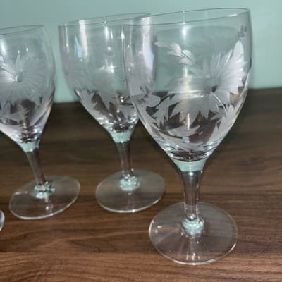 4 Vintage Cut Glass Wine Or Water Glasses Etched Flowers and Leaves 6.25” Tall