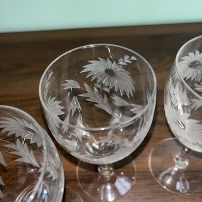 4 Vintage Cut Glass Wine Or Water Glasses Etched Flowers and Leaves 6.25” Tall - Thumbnail 6