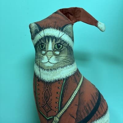 VTG Standing Christmas Cat Santa Paws Door Stop Doll Fiddlers Elbow Toy Work 15" - Thumbnail 2