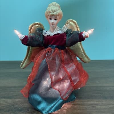 Vintage Angel Christmas Tree Topper Lighted Green & Red Dress Gold Wings Lighted - Thumbnail 2