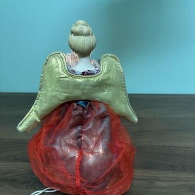 Vintage Angel Christmas Tree Topper Lighted Green & Red Dress Gold Wings Lighted - Thumbnail 8