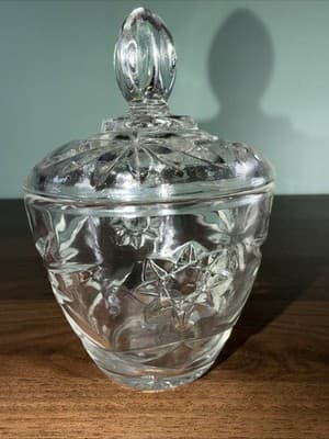 Vintage Anchor Hocking Clear Prescut Glass Star of David Sugar Bowl w/ Lid