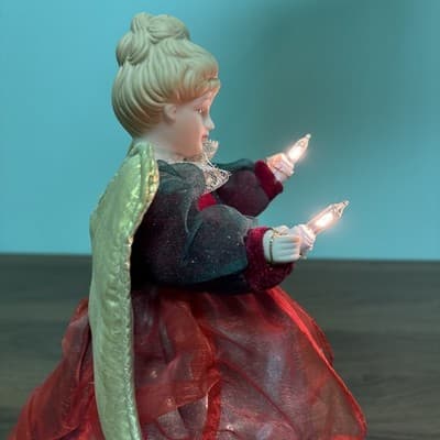 Vintage Angel Christmas Tree Topper Lighted Green & Red Dress Gold Wings Lighted - Thumbnail 6