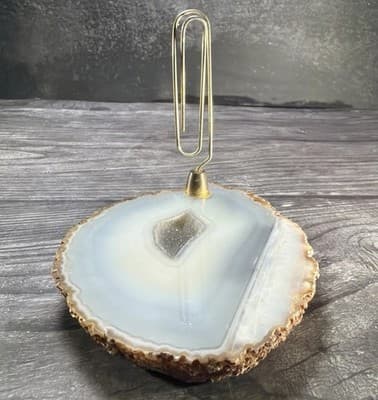 Vintage Gray Geode Brass Large Paper Clip Recipe Or Note Holder Desk Stone