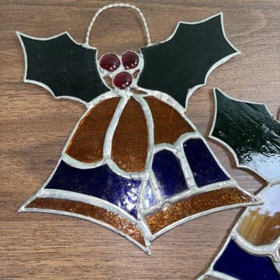 Vintage Stained Glass Christmas Bells With Holly Sun Catcher 5.5" x 5.5" (2) - Thumbnail 3