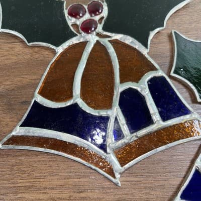 Vintage Stained Glass Christmas Bells With Holly Sun Catcher 5.5" x 5.5" (2) - Thumbnail 5