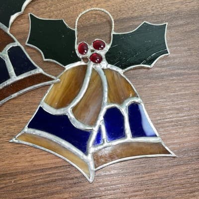 Vintage Stained Glass Christmas Bells With Holly Sun Catcher 5.5" x 5.5" (2) - Thumbnail 2