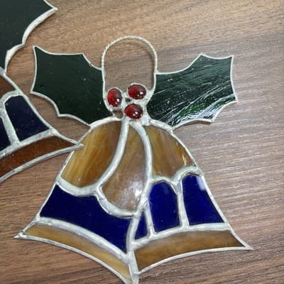 Vintage Stained Glass Christmas Bells With Holly Sun Catcher 5.5" x 5.5" (2) - Thumbnail 4