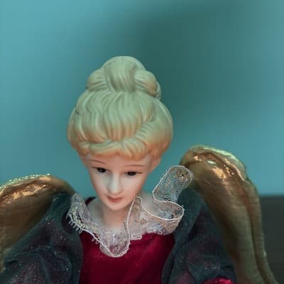 Vintage Angel Christmas Tree Topper Lighted Green & Red Dress Gold Wings Lighted - Thumbnail 5