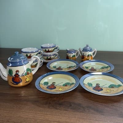 Vintage Japanese Lusterware Miniature Porcelain Tea Set Collectible 15 Pcs