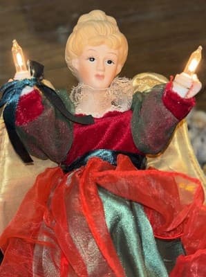 Vintage Angel Christmas Tree Topper Lighted Green & Red Dress Gold Wings Lighted