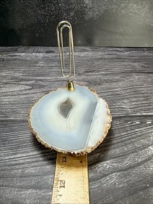 Vintage Gray Geode Brass Large Paper Clip Recipe Or Note Holder Desk Stone - Thumbnail 6