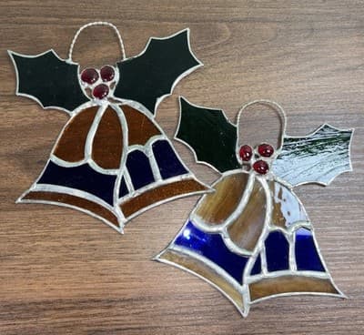Vintage Stained Glass Christmas Bells With Holly Sun Catcher 5.5" x 5.5" (2)