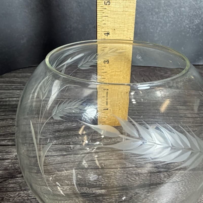 Vintage Hand-Engraved Wheat Grain Etched Crystal Rose Bowl Vase Rose Bowl - Thumbnail 7