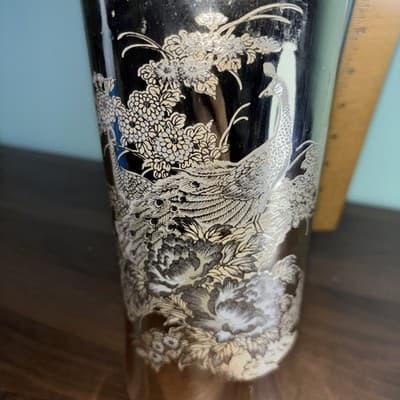 Vintage Etched Floral Peacock Gold Color Tall Vase Made In Japan Flowers - Thumbnail 12