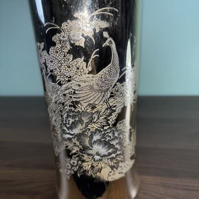 Vintage Etched Floral Peacock Gold Color Tall Vase Made In Japan Flowers - Thumbnail 2