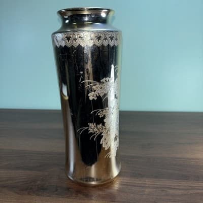 Vintage Etched Floral Peacock Gold Color Tall Vase Made In Japan Flowers - Thumbnail 6