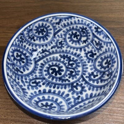 Small Vintage Chinese Porcelain Footed Blue & White Rice Bowl Trinket Dish - Thumbnail 5