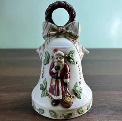 Midwest importers ceramic bell Santa music box mistletoe Plays White Christmas