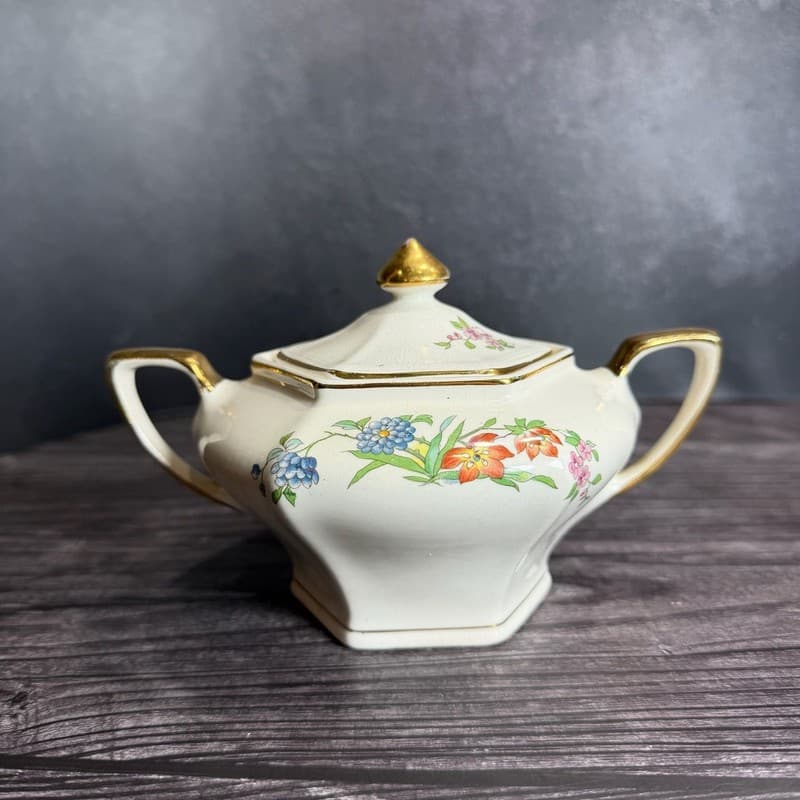 Vintage Crescent China Hexagon Floral Lidded Sugar Bowl with Gold Trim
