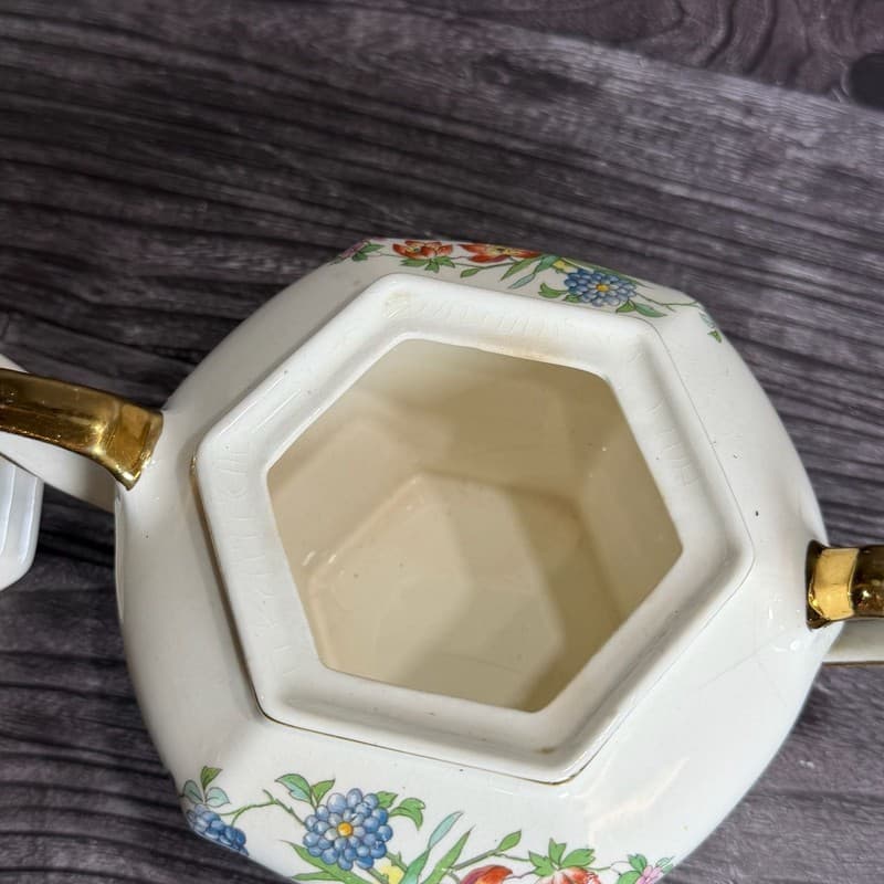 Vintage Crescent China Hexagon Floral Lidded Sugar Bowl with Gold Trim - Thumbnail 6