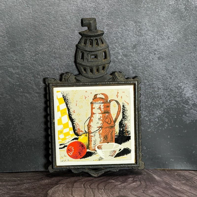 Vintage Watkins Japan Cast Iron and Ceramic Tile Trivet Franklin Stove Still Lif
