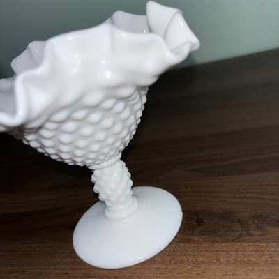 Vintage FENTON Hobnail White Milk Glass Crimped Edge Footed Candy Dish Pedestal - Thumbnail 5