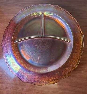 Set Of 4 Carnival Glass Federal Normandie marigold divided plates VTG