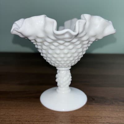 Vintage FENTON Hobnail White Milk Glass Crimped Edge Footed Candy Dish Pedestal