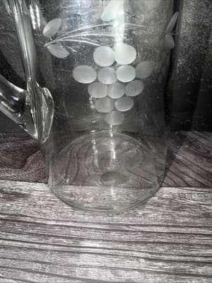 Vintage Clear Glass Pitcher With Etched Grapes & Leaves- 8.5” Tall - Thumbnail 4