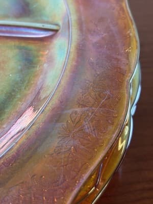 Set Of 4 Carnival Glass Federal Normandie marigold divided plates VTG - Thumbnail 4